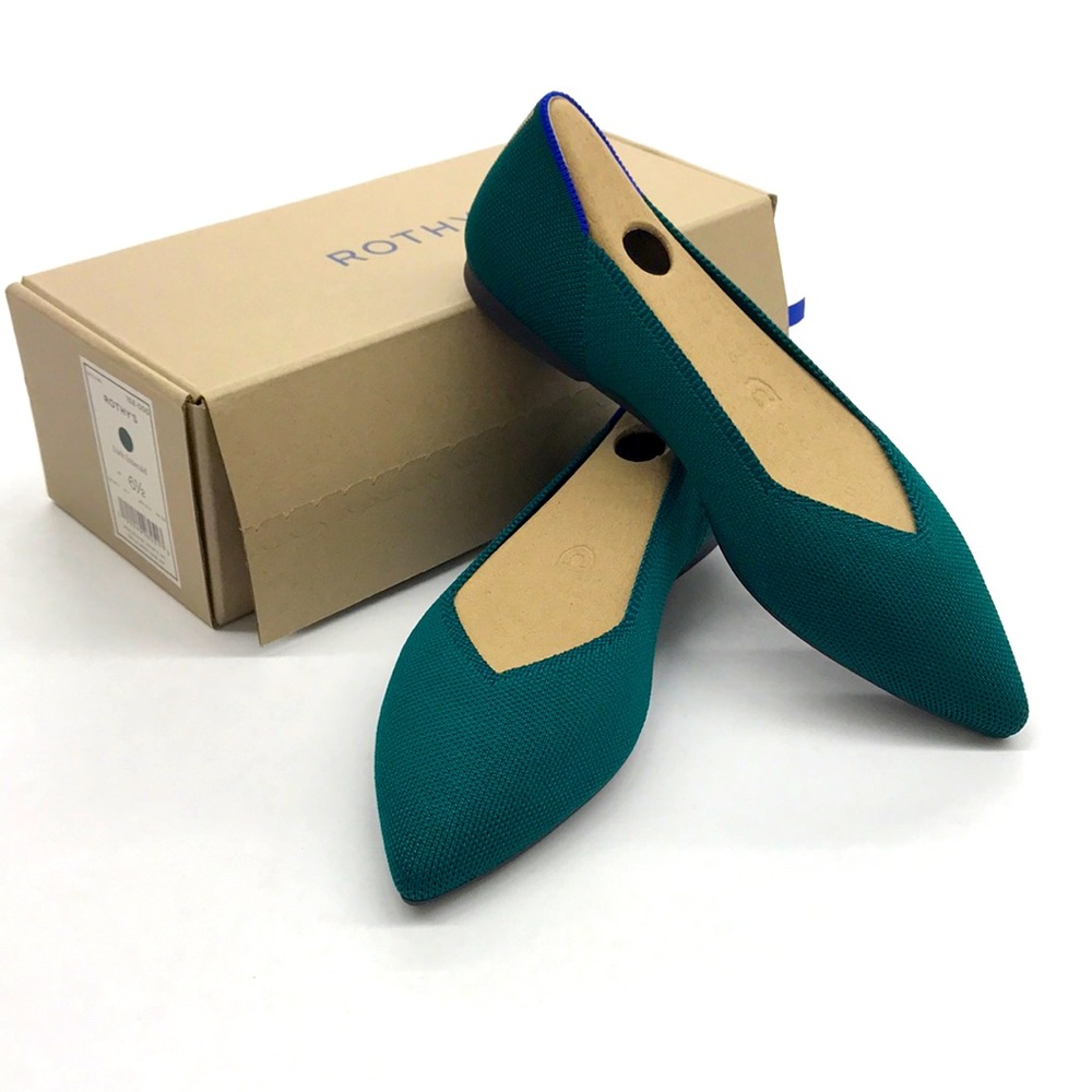 ROTHY’S Pointed Toe Flats, Knitting elastic, Dark Emerald, New, Size 6 1/2.